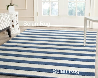 Navy Blue & Ivory Striped Area Rug | Modern Coastal Stripe Rug | Minimalist Contemporary Rug for Living Room Bedroom Home Decor