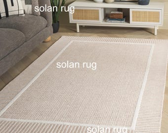 Beige Ivory Textured Area Rug, Modern Border Rug, Minimal Neutral Living Room Bedroom Rug, Scandinavian Style Carpet