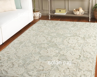 Hand-Tufted Wool Area Rug, Sage Green Floral Botanical Carpet