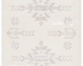 Minimalist Southwest Rug - Ivory and Beige Geometric Wool Area Rug - Modern Bohemian Home Decor