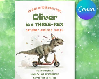Bewerkbare uitnodiging voor een dinosaurusverjaardag, sjabloon voor een T-Rex scooterfeestje, 3e verjaardag van een T-Rex, dinosaurusfeestje voor een jongen, direct te downloaden via Canva