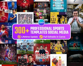 Plus de 300 modèles Sports Canvas, graphismes modifiables pour les réseaux sociaux, football, basket-ball, design pour une journée, affiche de joueur, flyers (téléchargement numérique)