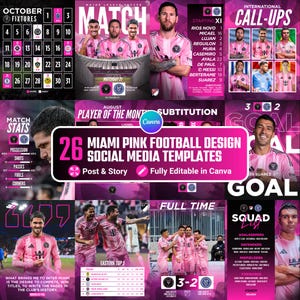 May include: A collection of 26 pink football-themed social media templates featuring player portraits, match statistics, schedules, and squad lists. The designs include text such as October Fixtures, Match Day, Player of the Month, and Full Time.