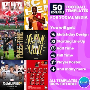 以下が含まれることがあります： ソーシャルメディア用のプロモーション用グラフィックで、50個の編集可能なフットボールテンプレートが特徴です。デザインには、サッカー選手、試合の詳細、および「Matchday Design」、「Starting Line Up」、「Full Time」などのテキストが含まれています。テンプレートは100％編集可能です。