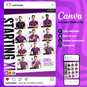 Peut inclure: Un modèle numérique pour une publication de composition d'équipe de football sur les réseaux sociaux, présentant onze portraits de joueurs en maillots violets avec noms et numéros, le texte STARTING XI et une liste de remplaçants sur fond blanc.