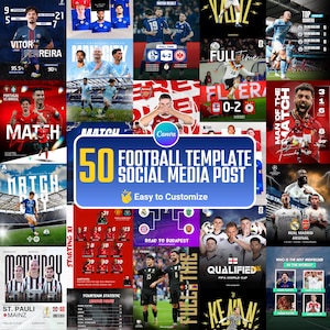 Può includere: Una raccolta di 50 modelli di post sui social media di calcio. I post presentano risultati delle partite, statistiche dei giocatori e formazioni delle squadre. I modelli includono il testo "Easy to Customize" e varie immagini.