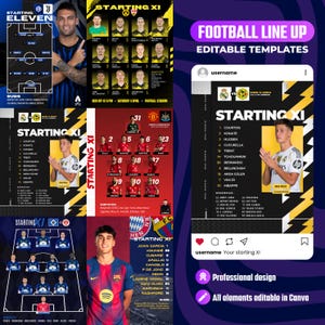 Pode incluir: Uma coleção de modelos digitais de escalações iniciais de futebol com várias formações de times, retratos de jogadores e informações de partidas. Os designs incluem texto como Starting XI, Football Line Up e Editable Templates em um layout de grade.