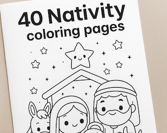 Może przedstawiać: Kolorowanka zatytułowana 40 Nativity coloring pages przedstawiająca czarno-białą ilustrację sceny narodzin z dzieckiem, dwojgiem dorosłych, osłem, owcą i krową pod gwiazdą, w towarzystwie czterech kolorowych kredek.