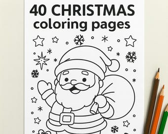 May include: A white sheet of paper featuring the black text 40 CHRISTMAS coloring pages, with a line art illustration of Santa Claus carrying a sack, surrounded by gift boxes, candy, stars, and snowflakes, accompanied by three colored pencils.
