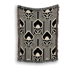 Art Deco Floral Woven Blanket | Black & Cream Retro Throw | Luxe Geometric Home Decor
