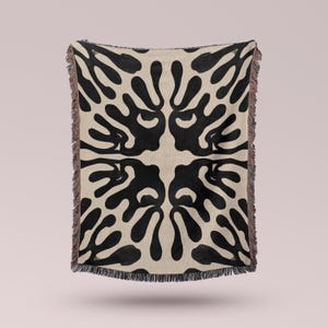 Modern Abstract Inkblot Throw Blanket | Black & Cream Symmetrical Design | Mid-Century Woven Art Blanket | Minimalist Home Decor