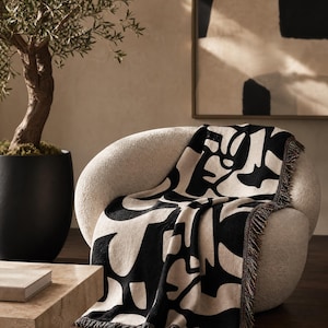 Abstract Black and Soft Ivory Modern Throw Blanket | Minimalist Woven Blanket
