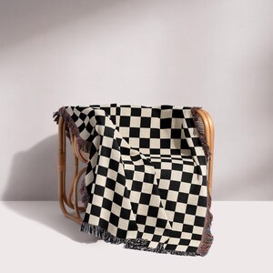 Black Checkered Woven Throw Blanket | 100% Cotton Couch Accent