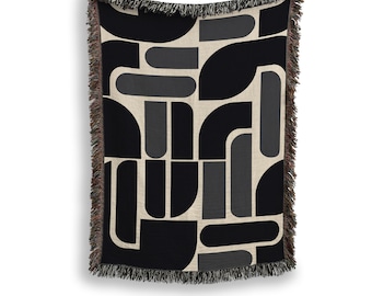 Modern Geometric Black & Cream Throw Blanket | Mid-Century Abstract Woven Decor | Minimalist Neutral Boho Blanket for Living Room or Bedroom