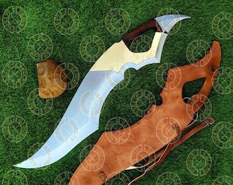 Machete de fantasía hecho a mano, hoja curva de acero de alto carbono, mango de madera