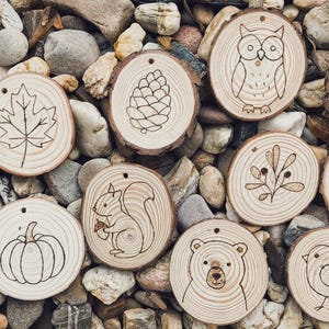 Pode incluir: Uma coleção de ornamentos de madeira com vários desenhos temáticos da natureza. Cada ornamento é uma fatia de madeira circular com uma ilustração gravada de uma bolota, um cogumelo, uma raposa, uma coruja e outras imagens sazonais.