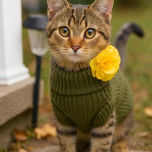 May include: A tabby cat wearing a green sweater and a yellow flower. The cat has large, round yellow eyes and is standing on a concrete surface. The background is blurred, with a glimpse of a lamp post and foliage.