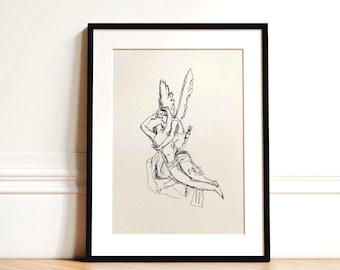 Amor en Psyche schets kunst aan de muur | Vintage klassieke beeldhouwkunst zeer fijne tekeningen (digitale download)