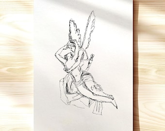 Amor and Psyche Giclée Fine Art Print, klassieke lijntekening, kunst aan de muur sculptuur