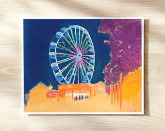 Giclée print van een schilderij van een reuzenrad in de nacht, Libori Paderborn, impressionistische muurdecoratie