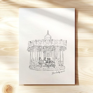 Stampa artistica Giclée di una giostra vintage, disegno a tratto "Quanto siamo fortunati?", opera d'arte di Parigi