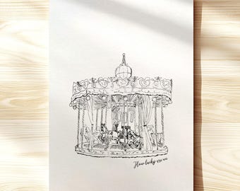 Vintage carrousel giclée fine-art print, hoe gelukkig zijn we lijntekening, kunstwerk van Parijs