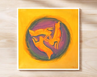 Gicléeprint drie hazen raamschildering, abstracte kunst konijn Paderborn, kleurrijk wanddecor