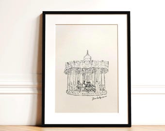 Carrousel Paris Sketch Wall Art Print | Vintage romantische lijntekeningen | Frans decor (digitale download)