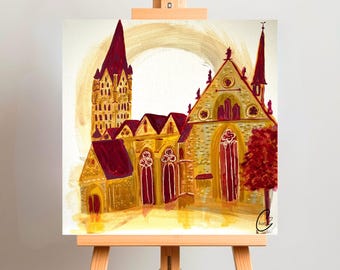 Architectuur schilderij canvas muurkunst Kathedraal van Paderborn, stedelijke schetsen, impressionistische decorafdruk