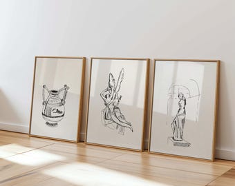 Set van 3 schetsen van het Louvremuseum | Vintage Parijse galerie muurkunst (digitale download)