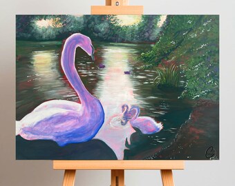 Zwaan schilderij canvas muurkunst, romantisch Lake Paderborn, impressionistische landschapsafdruk