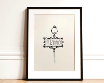 Metro bord schets kunst aan de muur | Minimale lijntekening Parijs | Frans decor (digitale download)