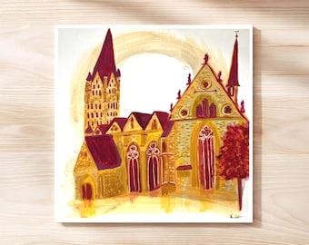 Architectuur schilderij Giclée muurkunst, kathedraal van Paderborn, stedelijke schets decor print