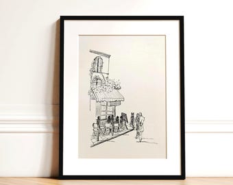 Cafe Parijs schets kunst aan de muur | Lineart-poster | Frans decor (digitale download)