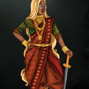 May include: A digital illustration of a figure with long blonde hair wearing a dark red and brown patterned sari with a green blouse. The figure is adorned with gold jewelry, including a necklace, bangles, and a waist belt, and holds a silver sword.