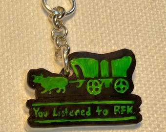 Anti RFK jr key chain charm. Handmade shrink plastic. Oregon Trail Wagon of Death