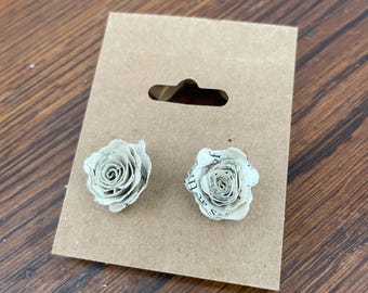 Upcycled book rose stud earrings