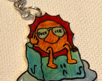 Anti ICE key chain charm. Handmade shrink plastic. Sun melting ICE