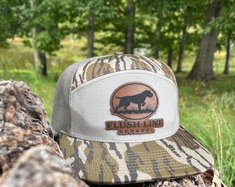 Bottomland Camo Hat: Custom Leather Patch, 7 Panel Hunting Cap