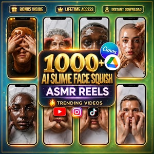 Op de afbeelding: Een promotionele afbeelding met smartphoneschermen met gezichten bedekt met slijm. De centrale afbeelding luidt "1000+ AI SLIME FACE SQUISH ASMR REELS" met social media-iconen. Tekst bovenaan zegt "BONUS INSIDE", "LIFETIME ACCESS" en "INSTANT DOWNLOAD".