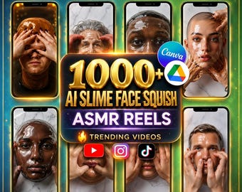 Paquete de más de 1000 videos ASMR de slime facial con IA / Contenido viral para TikTok e Instagram / Videos satisfactorios editables en Canva