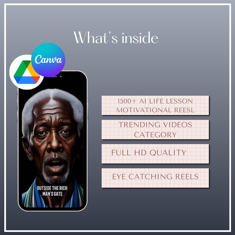Op de afbeelding: Een smartphone toont een afbeelding van een man met wit haar en de tekst "OUTSIDE THE RICH MAN'S GATE." Het Canva-logo staat linksboven. De rechterkant toont functies: 1500+ AI Life Lesson Motivational Reels, Trending Videos Category, Full HD Quality en Eye Catching Reels.