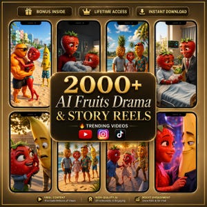 Puede incluir: Una colección digital de 2000+ AI Fruits Drama & Story Reels con personajes de frutas animados en varios escenarios. La pantalla incluye múltiples teléfonos inteligentes que muestran escenas con fresas, plátanos y piñas, con iconos de YouTube, Instagram y TikTok.