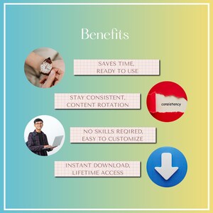 May include: An infographic with the title "Benefits" on a gradient background. The image includes a watch, a person with a laptop, and text boxes with phrases like "Saves Time, Ready to Use" and "Instant Download, Lifetime Access."