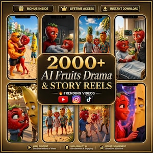 May include: A promotional image featuring multiple smartphone screens, each displaying AI-generated fruit characters in dramatic scenarios. The image includes the text "2000+ AI Fruits Drama & Story Reels" and social media icons.