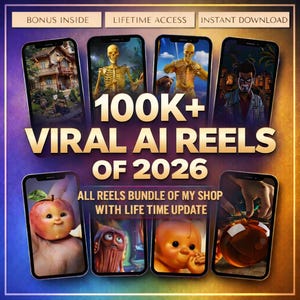 May include: A promotional graphic featuring several smartphones displaying AI-generated images. The text "100K+ VIRAL AI REELS OF 2026" is prominently displayed. Additional text includes "BONUS INSIDE", "LIFETIME ACCESS", and "INSTANT DOWNLOAD".
