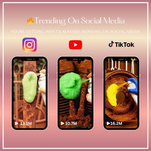 May include: An advertisement promoting social media trends. The image shows three mock-up phone screens, each displaying a different social media platform: Instagram, YouTube, and TikTok. Each screen shows a different object being sprayed with a cleaning agent.