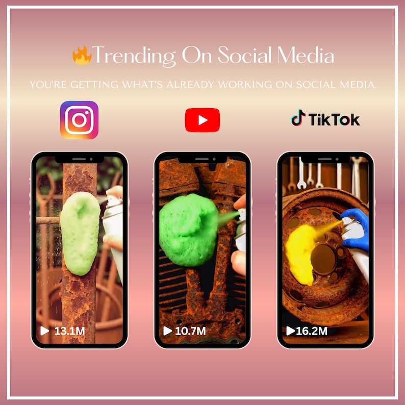 May include: An advertisement promoting social media trends. The image shows three mock-up phone screens, each displaying a different social media platform: Instagram, YouTube, and TikTok. Each screen shows a different object being sprayed with a cleaning agent.