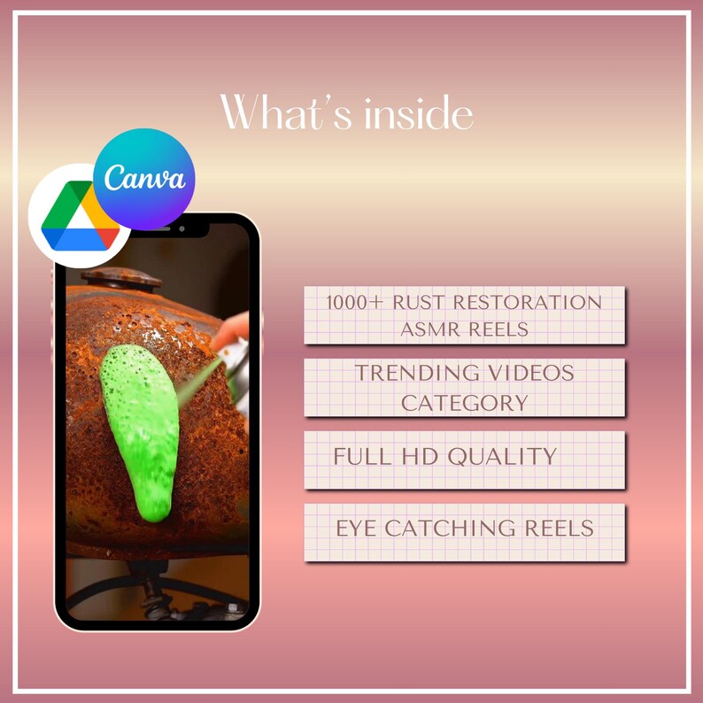 May include: A digital graphic with the Canva logo and a smartphone displaying a rust restoration video. Text includes "What's inside," "1000+ Rust Restoration ASMR Reels," "Trending Videos Category," "Full HD Quality," and "Eye Catching Reels."