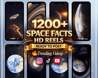 Paquete de más de 1200 vídeos HD con datos sobre el espacio / Contenido viral de tendencia (editable en Canva)